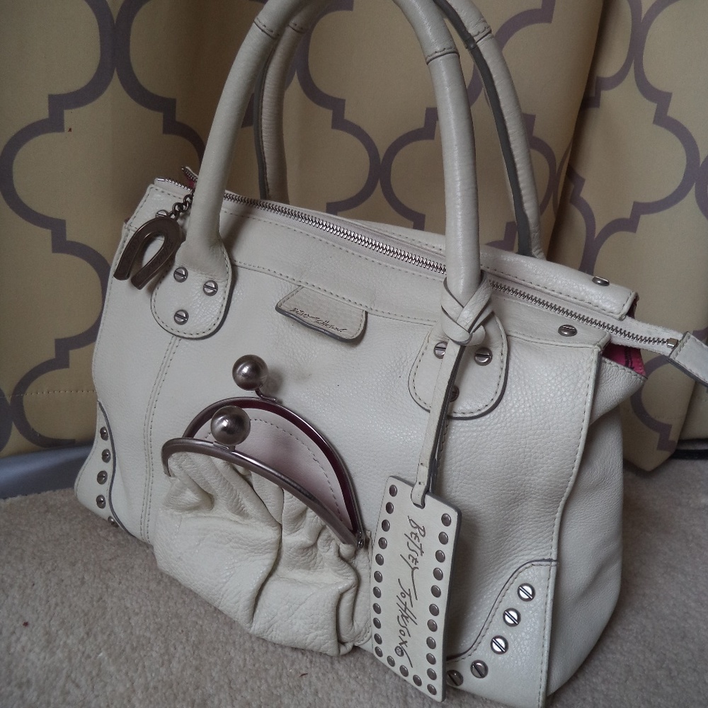 Purse, Satchel, Leather, White, Beverly Johnson